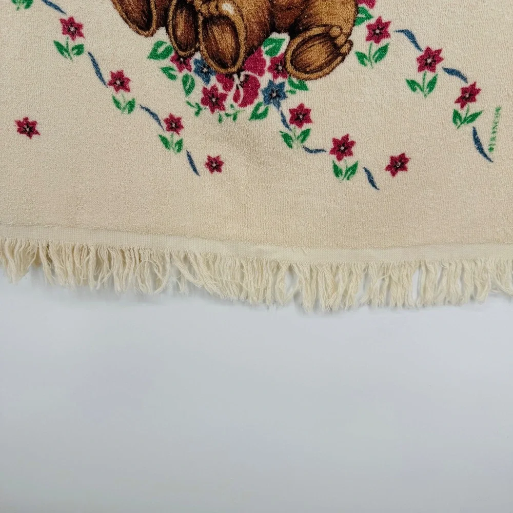Vintage Franco Teddy Bear Floral Bath Towel Fringe Cream Made in USA Cottagecore